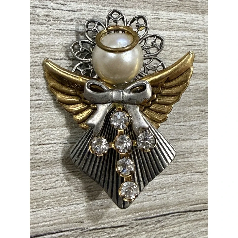 Vintage Brooch Pin Angel Gold Silver Tone with Cross Ten Thousand Angels